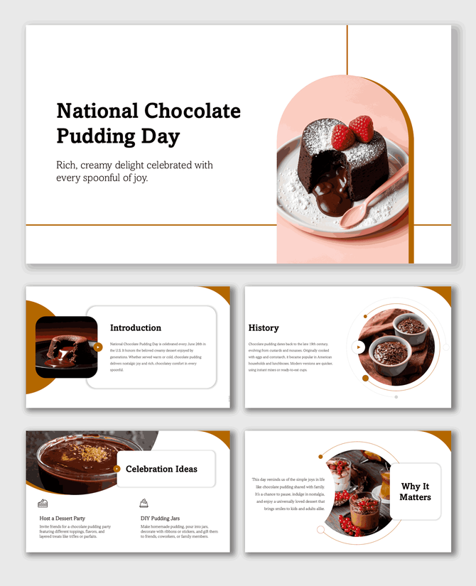 National Chocolate Pudding Day slides with dessert photos, brown-white theme, shapes, and text holders.