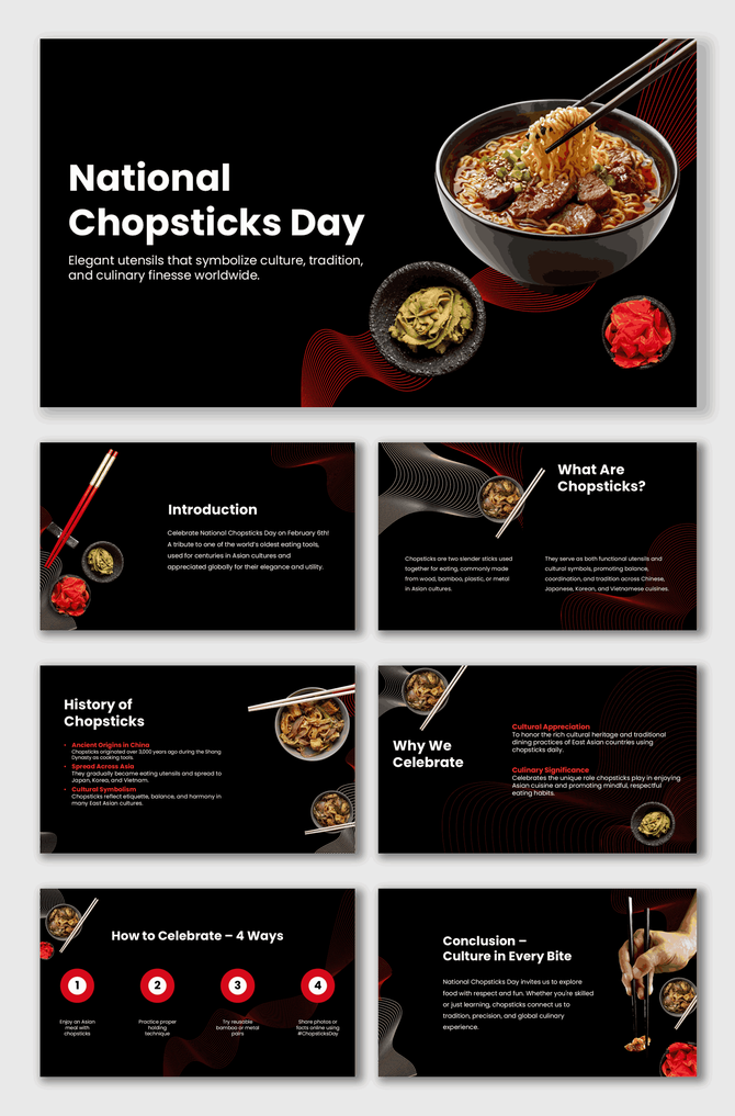 National Chopsticks Day slides with noodles, chopsticks, food bowls, red-black theme, cultural text holders.