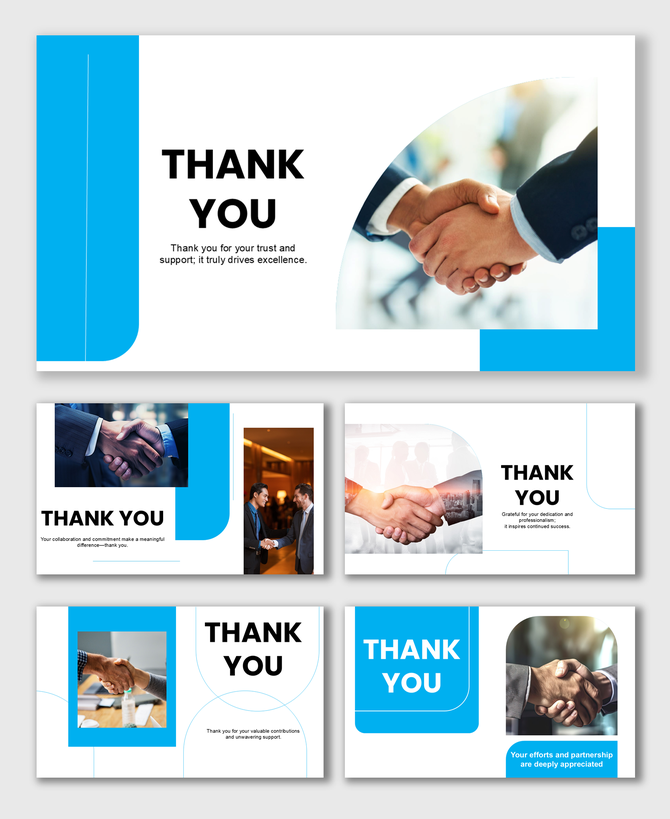 Professional Thank You slides with handshake images, blue-white theme, curved shapes, and text holders.