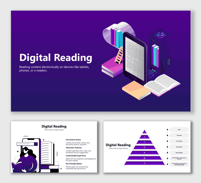 Digital Reading slides with e-reader, books, purple theme, pyramid diagram, icons, and text holders.