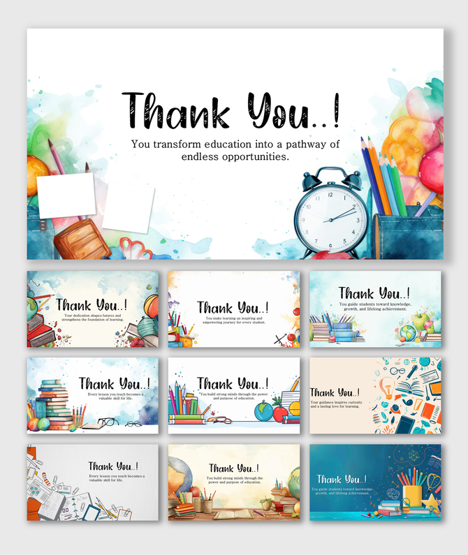 Thank You Education slides with books, globe, clock, stationery, pastel watercolor backgrounds, and editable text.
