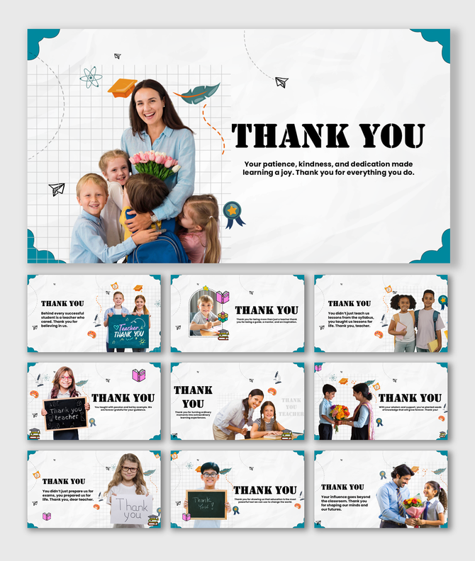 Thank You Education slides with teachers, students, school icons, pastel colors, shapes, and text holders.