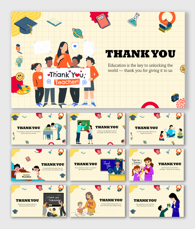 Thanks You Slides For Education with teacher-student scenes, books, icons, beige grid, and bright red-yellow accents.