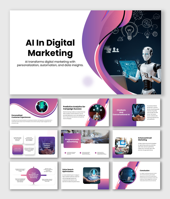 AI In Digital Marketing slides with robot, icons, purple theme, charts, wave shapes, and text holders.