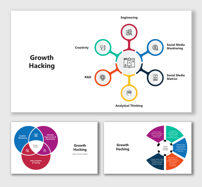 Growth Hacking slides with rocket icon, colorful circular diagrams, Venn charts, and text holders.