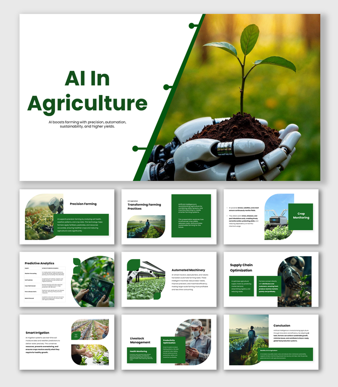AI In Agriculture template with robot hand holding plant, smart farming, irrigation, and crop monitoring visuals.