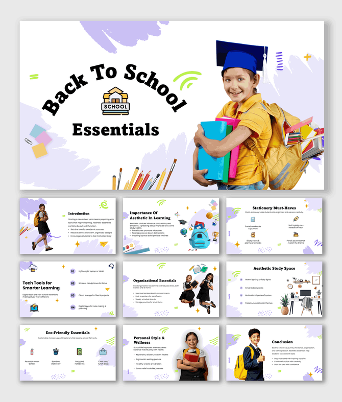Back To School Essentials slides with kids, books, stationery icons, purple theme, and text holders.