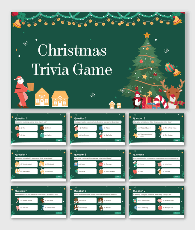 Christmas Trivia Game template with Santa, reindeer, gifts, and festive quiz slides on green background.