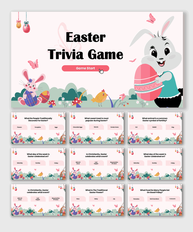 Easter Trivia Game with bunny, eggs, chicks, butterflies, and pink festive slides for holiday fun.
