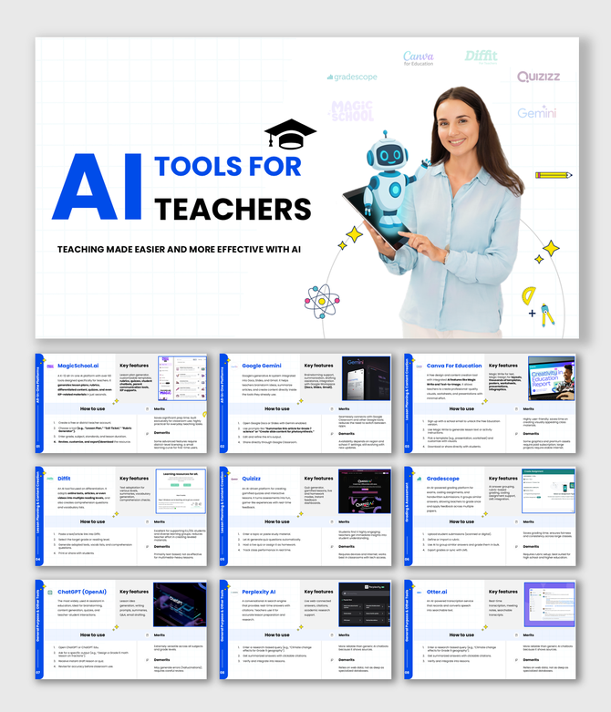 AI Tools For Teachers slides with robot, woman, blue-white theme, tool names, icons, features, pros and cons.