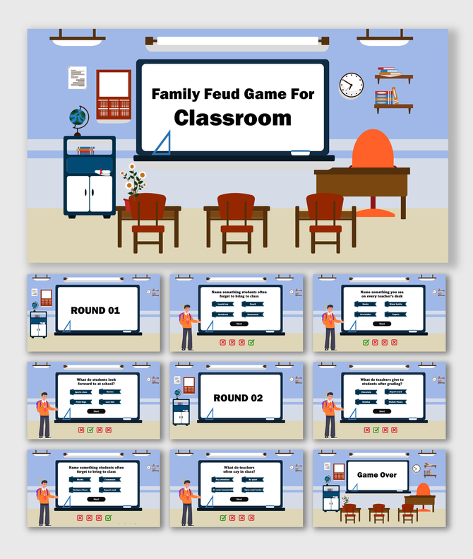 Family Feud Game For Classroom slides with whiteboard, desks, quiz questions, and cartoon teacher.