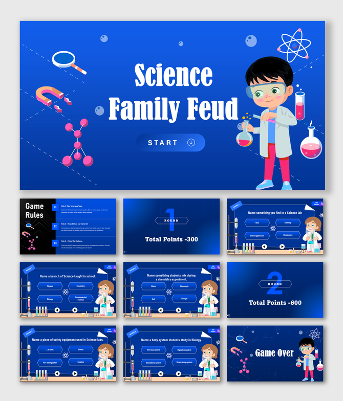 Science Family Feud game slides with blue theme, lab icons, cartoon scientists, and quiz questions.
