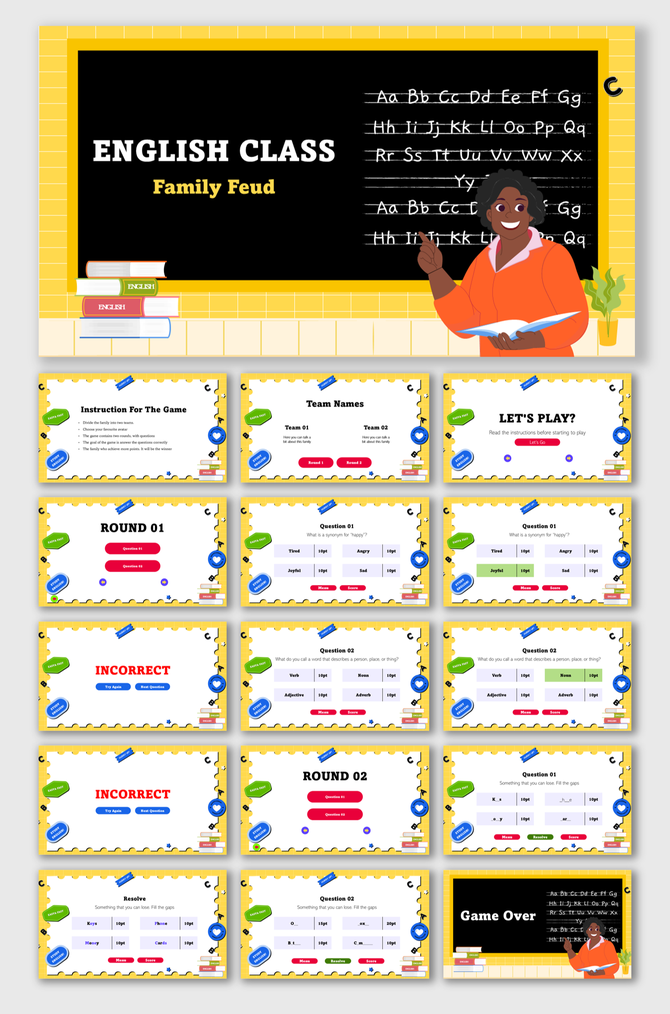 English Class Family Feud slides with yellow borders, blackboard, cartoon teacher, books, and quiz questions.