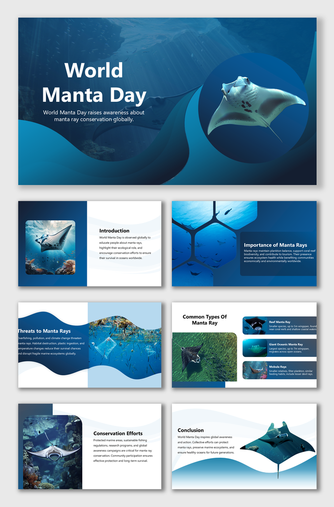 World Manta Day slides with manta rays, ocean blue theme, wave shapes, text holders, marine life, and conservation awareness.