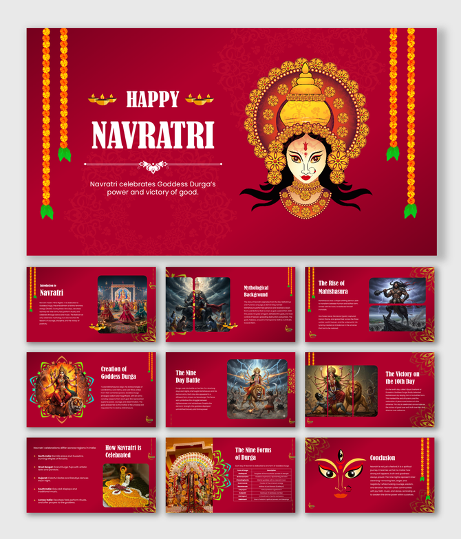 Navratri Story deck with Goddess Durga, Mahishasura fight, nine forms, rituals, red theme, garlands, diyas, and text holders.