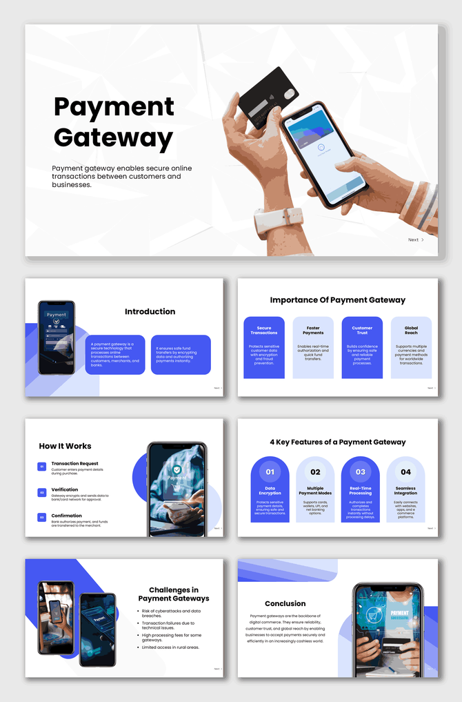 Payment Gateway slides with phones, cards, blue shapes, icons, text holders, white background, and secure payment visuals.