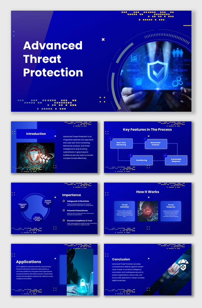 Advanced Threat Protection slides with blue background, security icons, yellow accents, and flow diagrams.