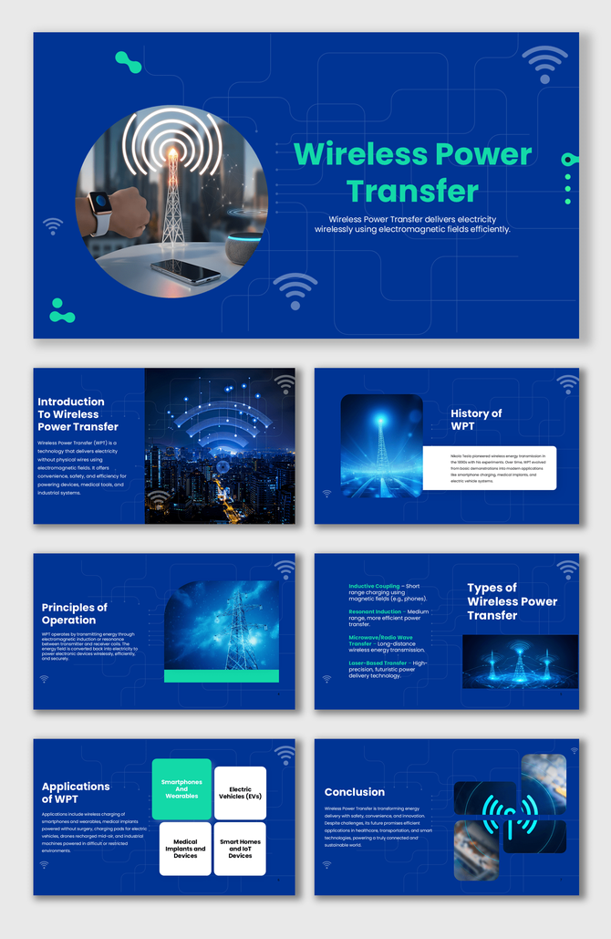 Wireless Power Transfer slides with blue theme, towers, devices, icons, charts, squares, shapes, and text holders.