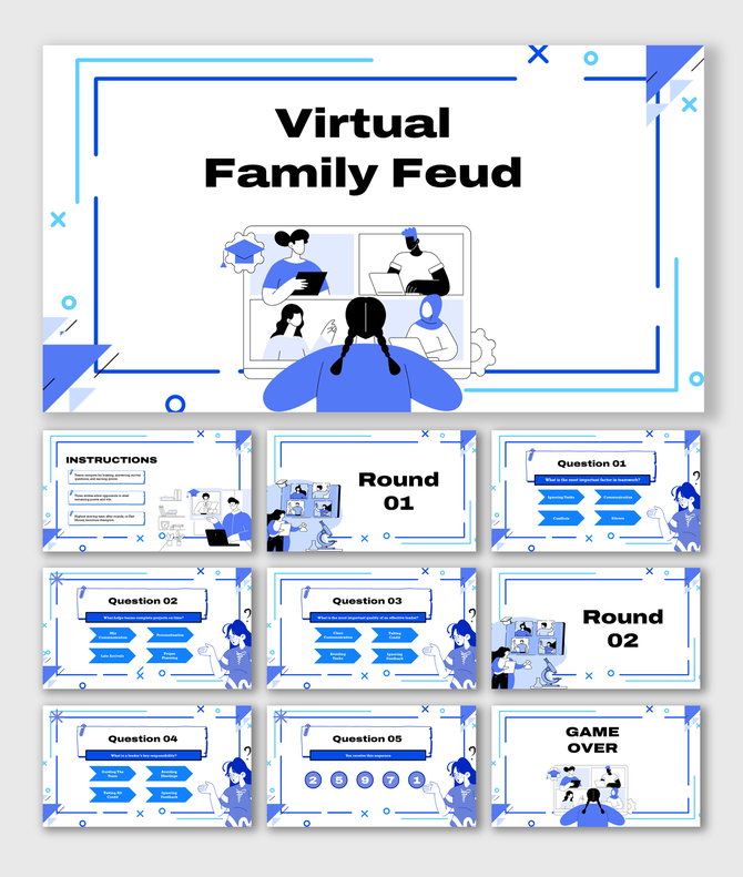 Virtual Family Feud PPT in blue-white theme with quiz rounds, Q&A, instructions, game over, icons, and video call.