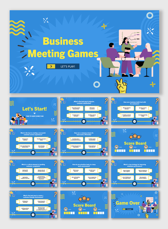 Business Meeting Games slides with blue theme, Q and A, charts, icons, scoreboards, shapes, visuals, and text holders.