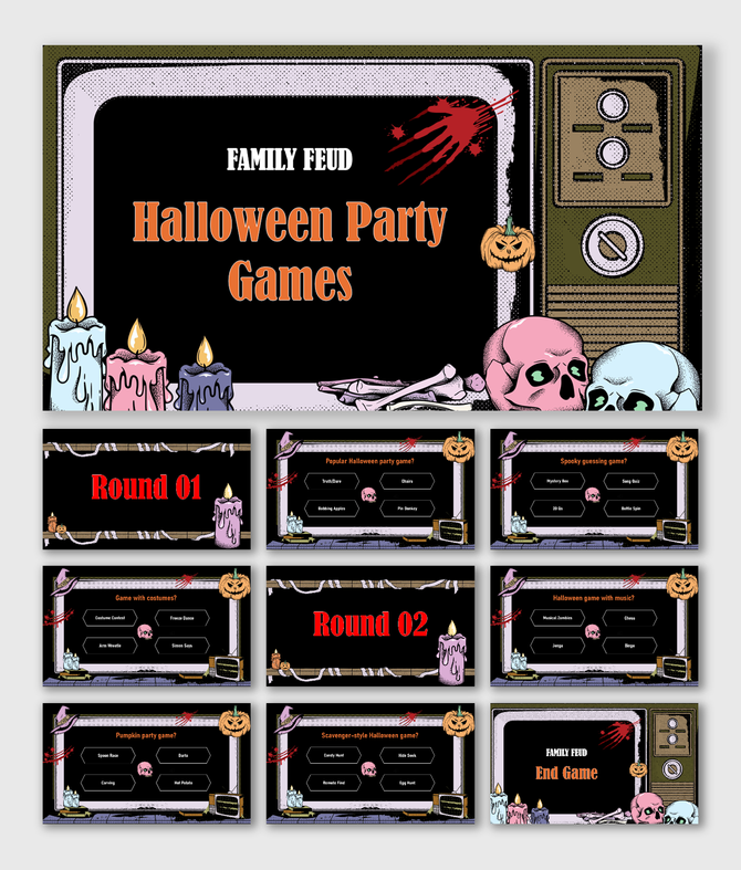 Christmas Party Family Feud slides with dark theme, candles, skulls, pumpkins, spooky visuals, and text holders.