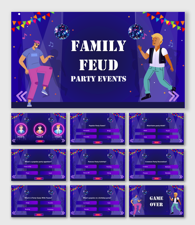 Family Feud Questions For Party Events slides with purple theme, dancers, disco balls, banners, and text holders.