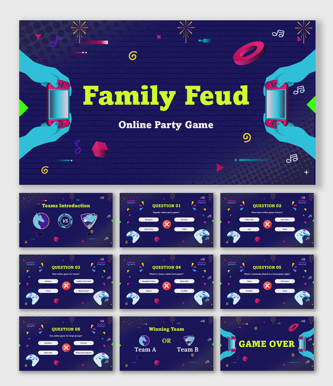 Family Feud Online Party Game slides with neon theme, controllers, Q&A blocks, shapes, team intro, and text holders.