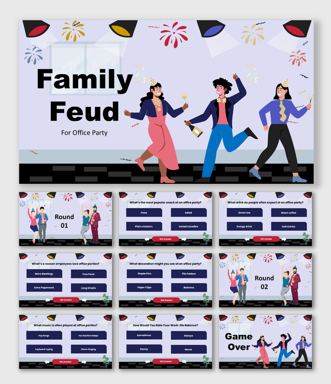Family Feud Office Party slides with festive theme, dancing staff, drinks, balloons, Q and A blocks, shapes, text holders.