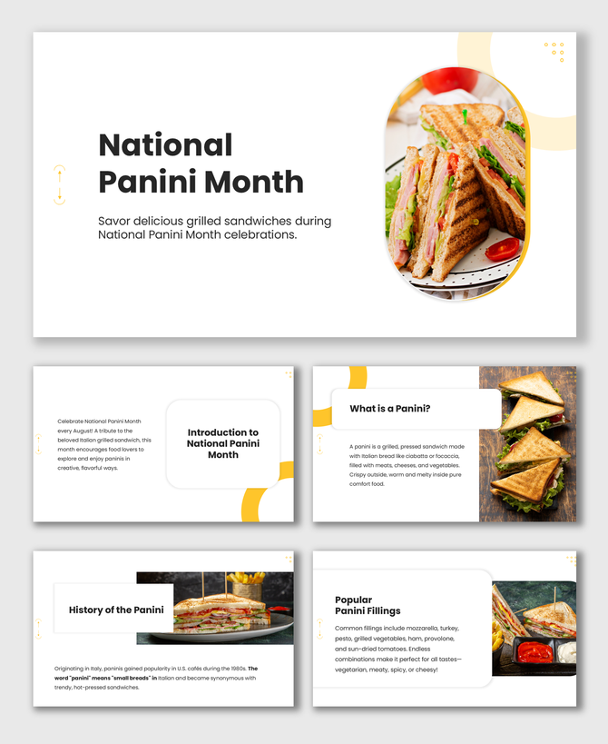 National Panini Month slides with sandwiches, yellow theme, shapes, history, fillings, and text holders.