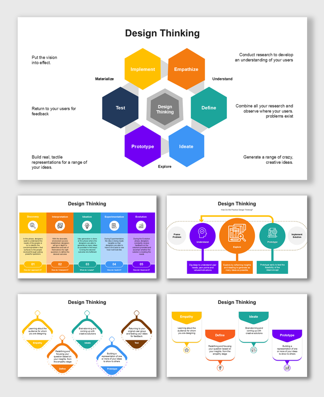 Design Thinking slides with colorful stages, hexagons, flowcharts, icons, shapes, and structured text holders.