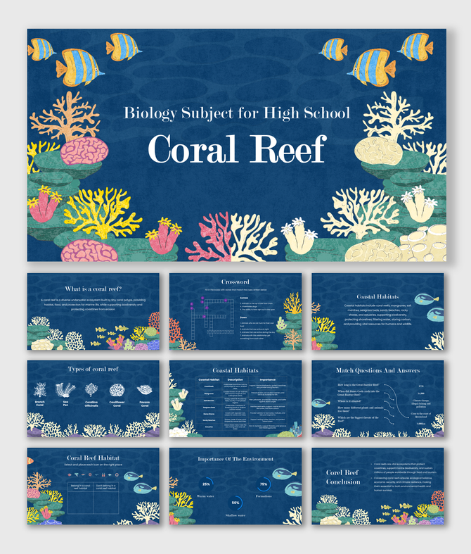 Biology Subject For High School Coral Reef slides with ocean theme, corals, fish, habitats, charts, Qand A, text holders.