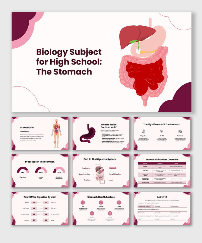 Biology Subject For High School The Stomach slides with organ diagrams, charts, tables, and text holders.