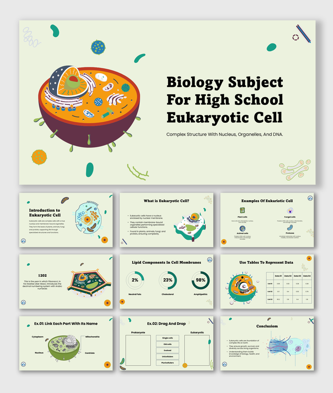Biology Subject For High School Eukaryotic Cell slides with organelle diagrams, charts, tables, exercises, and text holders.