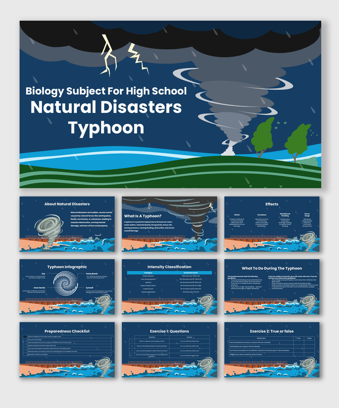 Biology Subject for High School Natural Disasters Typhoon slides with storm visuals, charts, and text holders.