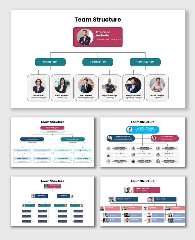 Example Of Team Structure with CEO, teams, photos, color boxes, and clear role hierarchy.