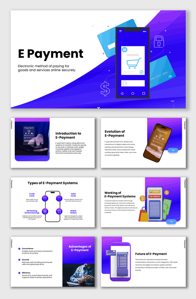 E Payment slides with mobile payments, credit cards, secure lock icons and purple-blue design.