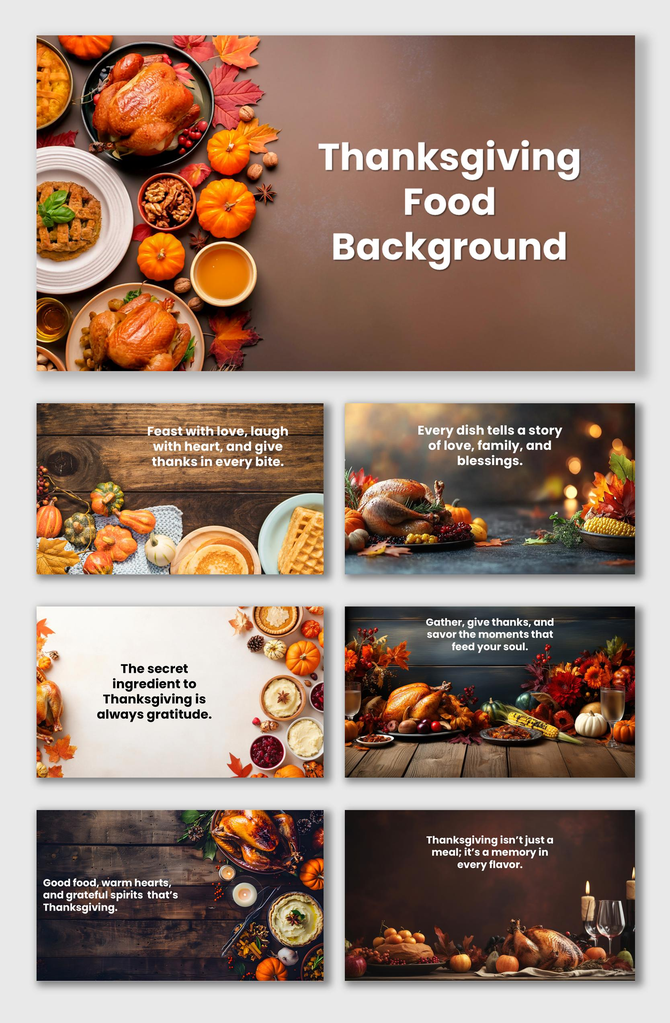 Thanksgiving Food Background with turkey, pumpkins, pies, and autumn leaves on warm tones for festive slides.