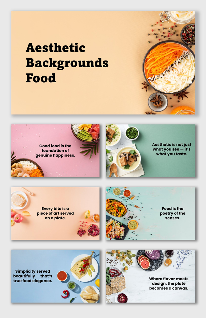 Aesthetic Backgrounds Food with colorful plates, fruits, and salads on pastel tones for stylish food presentation slides.