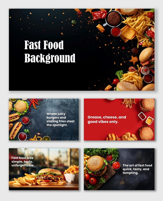 Fast Food Background with burgers, fries, sauces, and snacks on black and red surfaces for cafe slides.