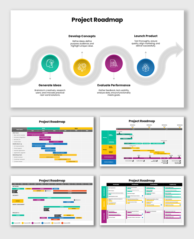 Project Roadmap Templates showing idea generation, development, evaluation, and launch stages with timeline visuals.
