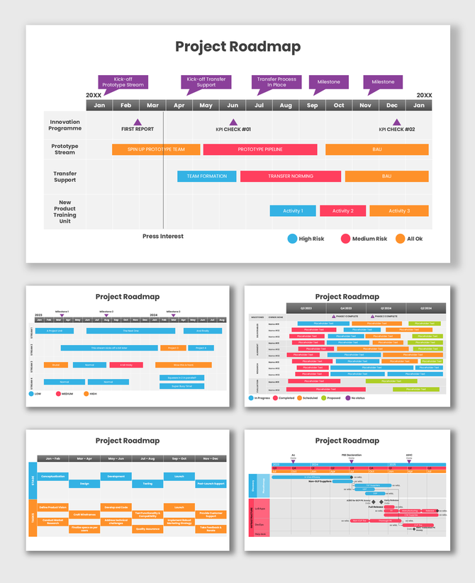 Project Roadmap Template PowerPoint showing planning, strategy, testing, and launch stages with timeline visuals.
