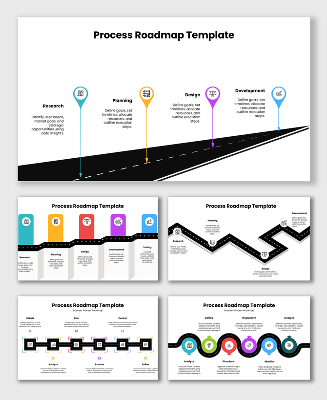 Process Roadmap Template Free with curved road, colorful steps, icons, and labeled phases from research to development.