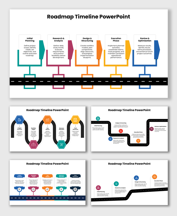 Roadmap Timeline PowerPoint Slide showing planning, research, design, execution, and review steps on a curved road map.