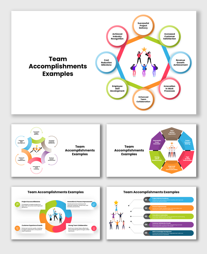 Team Accomplishments Examples slide with icons, team graphic, and colorful milestone circles showcasing success.