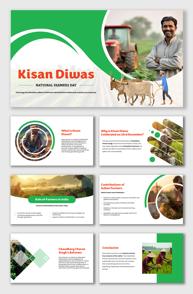 Kisan Diwas slides showing farmers, tractors, green theme layouts, roles, reforms, and importance of National Farmers day