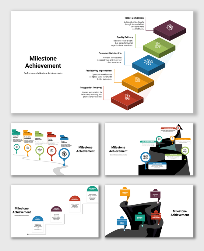Milestone achievement slides illustrating target completion, customer satisfaction, and productivity improvement.