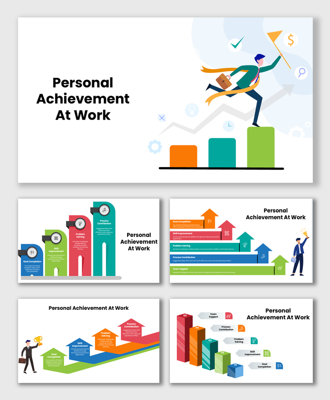 Personal achievement at work with a person climbing bar charts, reaching a flag to show growth, skills, and success.