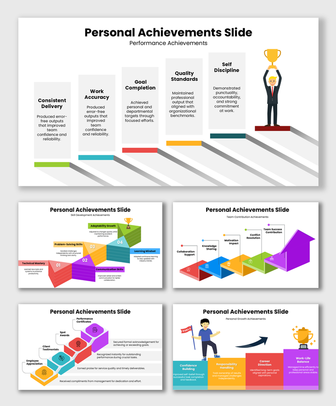 Personal Achievements Slide showcases key accomplishments like consistency, accuracy, quality, and disciplined work.