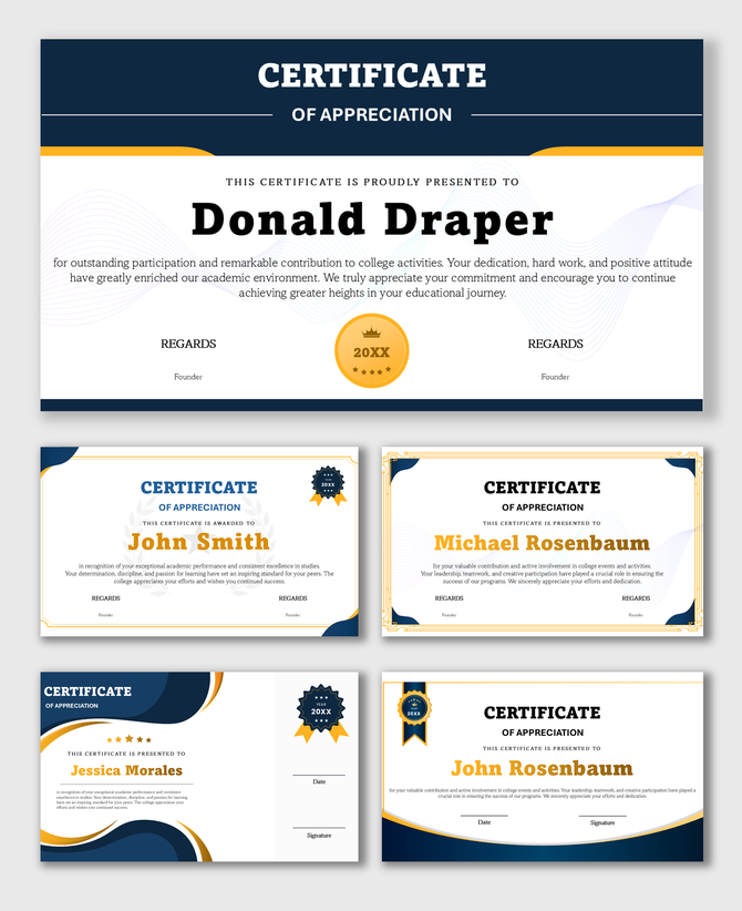 Elegant certificate design for recognizing student contributions, academic excellence, and college achievements.