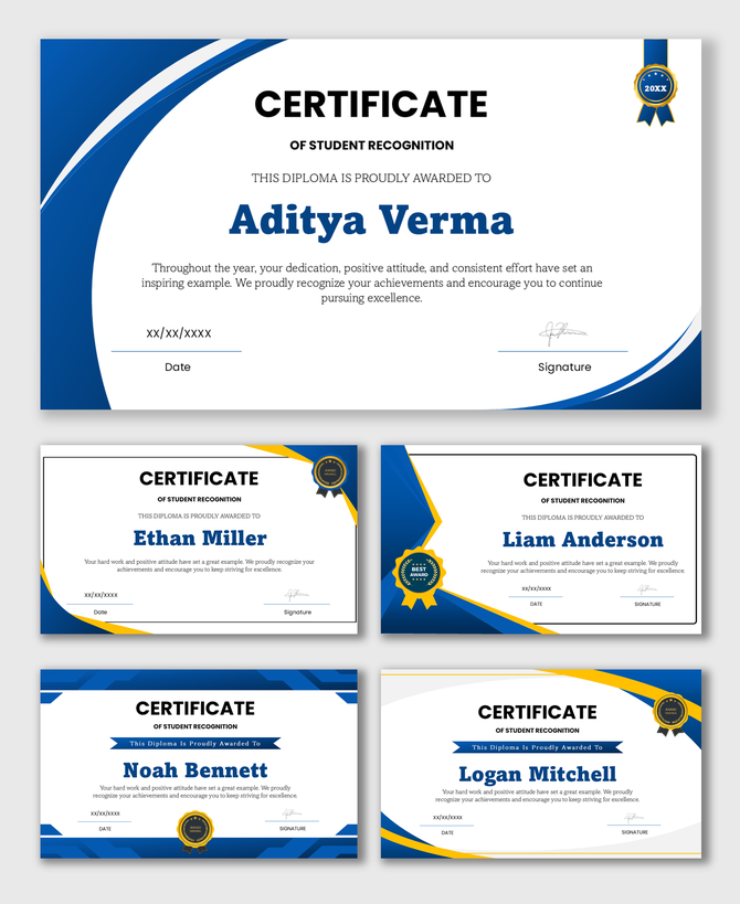 Elegant diploma certificate design to recognize students for dedication, effort, and consistent academic achievement.